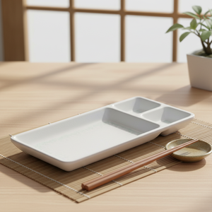 <span class=keywords><strong>Assiette</strong></span> rectangulaire en mélamine blanche à <span class=keywords><strong>trois</strong></span> <span class=keywords><strong>compartiments</strong></span>, nouveau design - Product Image 2