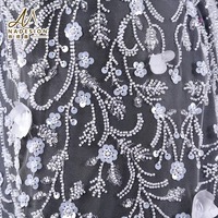 Tissu de dentelle de tulle brodé de perles florales 3D de luxe avec sequins pour robe de mariée, robe de soirée