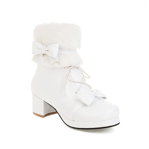Botines de piel sintética blanca con puño de pelo, doble lazo frontal, cordones, punta redonda, plataforma y tacón medio de bloque, estilo dulce para chicas, envío directo - Product Image 1