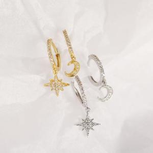 Wholesale Mini Huggie Hoop <strong>Earrings</strong> Starburst Crystal Gold Plated <strong>Dangling</strong> CZ Micro Pave <strong>Sterling</strong> <strong>Silver</strong> Moon Star Drop <strong>Earrings</strong> - Product Image 1