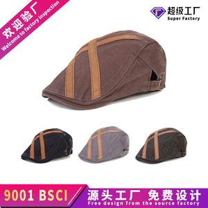Men's Striped Beret Gray Oxford Fabric Breathable Spring Autumn Casual British Style Hat - Product Image 5