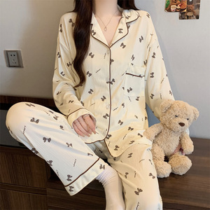 Lente Koreaanse gerimpelde pyjama's Zoete meisjes revers lange mouwen <span class=keywords><strong>sets</strong></span> borstzak elastische taille multi-print buitenkleding nachtkleding huispak - Product Image 6