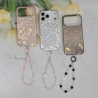 Coque de téléphone à motif floral en strass avec effet vague d'eau, cadre d'appareil photo en cristal et cordon perlé pour iPhone 11/12/13/14/15/16/17 Pro Max