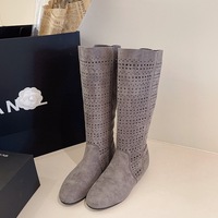 Bottes hautes d'été pour femmes en faux daim ajouré respirantes et plates, style décontracté