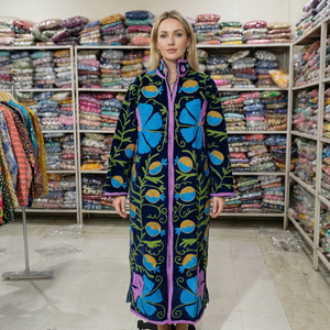 <b>Women</b> Long Velour <b>Robe</b> Full Length Mandarin Collar Hand Embroidered Floral Pattern Zipper Closure Winter Cozy Soft Outerwear - Product Image 1