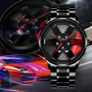 자동차 시계 Suppliers-새로운 럭셔리 멋진 독특한 블랙 3D 스티어링 스포츠 자동차 방수 림 허브 휠 손목 시계 석영 손목 남자 시계