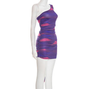 Viviblook Q26DS011 Vestido de fiesta para mujer, vestido de verano con cuello oblicuo, un solo hombro, sin mangas, estampado, mini vestido ajustado - Product Image 5