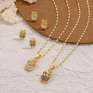 Joyería de moda lindo zirconia cúbica 14K chapado en oro búho collar pendiente conjunto de joyas para mujeres