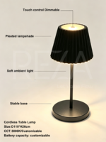 Lampe de table LED sans fil, abat-jour plissé en métal, commande tactile, lampe de bureau portable, veilleuse d'ambiance pour hôtel, complexe hôtelier, restaurant