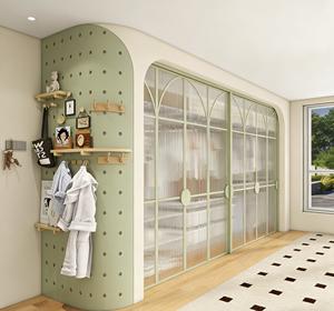 BALOM Custom Mint Green Kids <b>Wardrobe</b> with Arched Glass Sliding Door & Pegboard Organizer Wall - Product Image 1