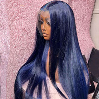 Wig Rambut Manusia Asli Pre Plucked Hd Transparent Lace Front Warna Piano Campuran Hitam Alami dengan Highlight Biru
