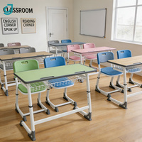 Ensemble de chaise et table d'école double, réglable en hauteur, avec panier de rangement en fil métallique pour projets en classe