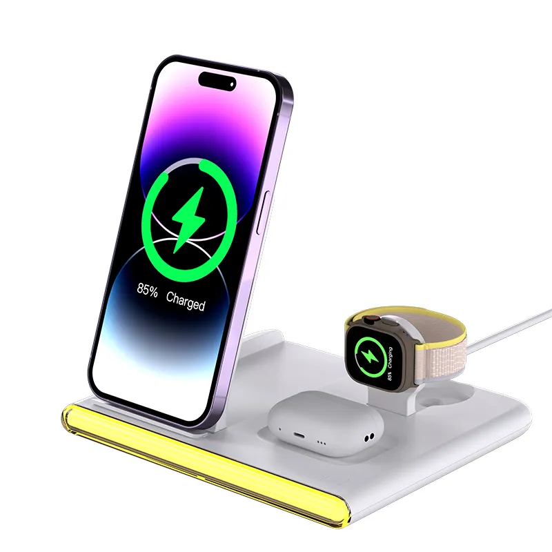 2024 Newest Cost-effecive 4 In 1 Fast Charging Stand Desktop Wireless Charger 3 In 1 Foldable With Universal Watch Charging