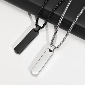 BINSHUO Wholesale Custom Stainless Steel Jewelry Smooth Laser Engraving Name Letters Carvable Solid Strip Pendant Necklace Men