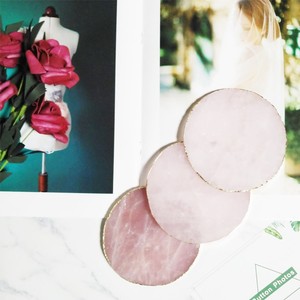 Semi naturale pietra preziosa quarzo rosa piatto con bordo <span class=keywords><strong>in</strong></span> oro - Product Image 5