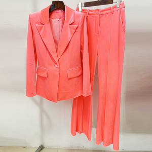 Completo da Ufficio da <span class=keywords><strong>Donna</strong></span> Marrone 2023, Blazer Corto in <span class=keywords><strong>Velluto</strong></span> a Tinta Unita con Maniche Lunghe e <span class=keywords><strong>Pantaloni</strong></span> a Zampa, Monopetto, Autunnale - Product Image 4