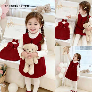 Tongxingyuan Girls <b>Red</b> <b>Bow</b> Vest Dress Winter Outfit For First Birthday Baby Girl New Year Greeting Clothes - Product Image 3
