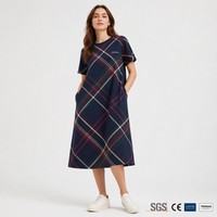 Robe midi en coton pour femme, taille naturelle, col rond, manches courtes, motif écossais, style preppy britannique, vente en gros
