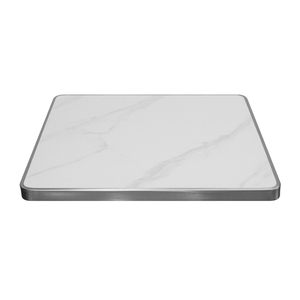 Tablero de Mesa Cuadrado de Piedra Sinterizada Blanca con Borde de Acero Inoxidable Cepillado y Base de Aluminio Pulido, Moderno y Resistente al Agua para <span class=keywords><strong>Restaurante</strong></span> - Product Image 4