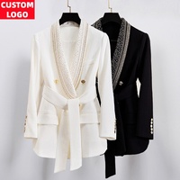 Blazer de costume pour femme, mi-long, avec logo personnalisé, revers châle à effet feuille d'or, pour le printemps et l'automne