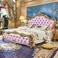 Lit en bois massif sculpté de style européen, mobilier de chambre à coucher principale, mobilier de chambre à coucher royal français en cuir couleur champagne