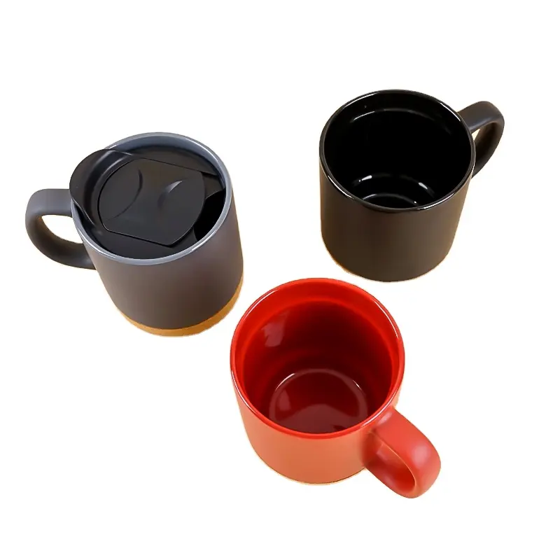 Taza de cerámica esmerilada a prueba de fugas, taza y platillo, taza de café de porcelana hecha a mano con base y tapa de madera