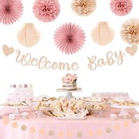 Décorations de fête de baby shower rose poudré et or rose - Bannière de bienvenue pour bébé, lanternes en papier neutres, décorations florales en pompons