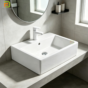 Vasque rectangulaire en céramique pour projet hôtelier, lavabo moderne et minimaliste, anti-taches, à poser sur comptoir, pour salle de bain - Product Image 1