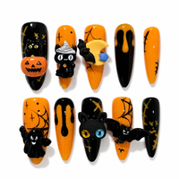 Kuku Palsu Oval Panjang Warna Oranye Buatan Tangan Kelas Atas untuk Musim Gugur/Dingin, Motif Kartun Labu dan Kelelawar untuk Halloween