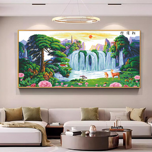 Pintura de punto de cruz DIY de gran tamaño: Cascada <span class=keywords><strong>y</strong></span> lago montañoso, paisaje natural, árboles, animales del bosque, arte en lienzo. - Product Image 3