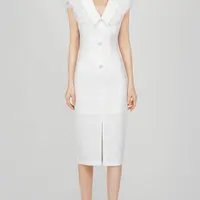 חדש עיצוב לבן אופנה שמלה עמוק V-צוואר פאף שרוול תחרה משרד ליידי פורמליות שמלת קלאסי Midi מפלגה שמלה