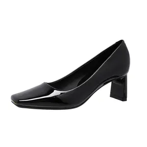 Pumps Black Leather Shoes Casual Women Chunky Heeled Loafers
