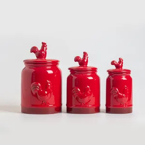 陶瓷罐红色圣诞红色公鸡曲奇罐干粮储存容器，带盖气密，用于食品储藏室
