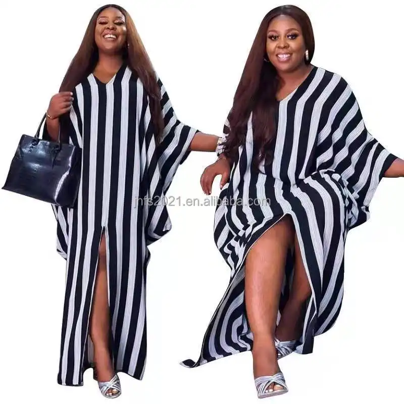 J&H fashion 4XL Plus Size Women Clothing Black and White Stripe Butterfly Sleeves Slit Loose Long Dress Smart Casual Outfit