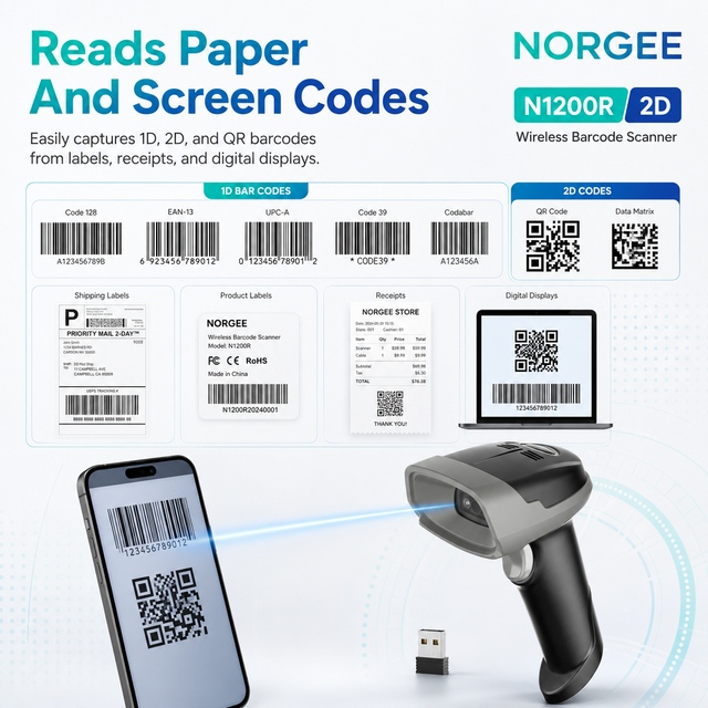 NORGEE N1200R Wireless USB 1D 2D Industrial Barcode Scanner with for in Stock