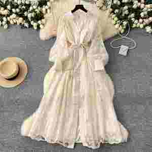 Vestido Midi Casual con Cuello en V y Manga Farol para Mujer, Colección Primavera 2025, con Bordado y Encaje, Color Negro - Product Image 2