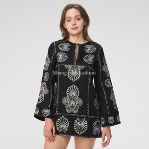 Nuevo Diseño, Vestido de Verano de Alta Calidad para Mujer, Sexy, de Manga Larga, Cintura Ajustada, Bordado, Mini Vestido de Lino - Product Image 2