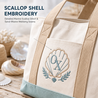 Sac fourre-tout en toile brodé personnalisé motif coquillage, sac à main bateau tricolore avec poche avant pour la plage, les vacances et les voyages