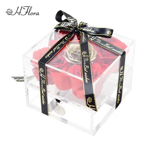 New 5 Roses In Acrylic Box Preserved Flower Jewel Box Wholesale Customization Forever Roses Acrylic Flower Box With Drawer