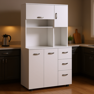 Aparador de Cocina Independiente Blanco con Vitrina, 2 Gabinetes, 1 Gabinete Extraíble, 3 Cajones, Diseño Moderno - Product Image 2