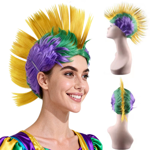 Perruques Mohawk Mardi Gras Ombre Violet Jaune Vert Longues Ondulées pour Femmes Filles Perruques Synthétiques pour Cosplay Fête Halloween - Product Image 1