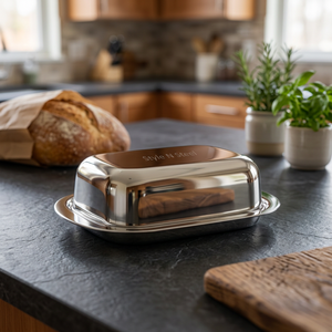 Beurrier en acier inoxydable personnalisé avec couvercle, beurrier en métal poli pour pain, fromage, gâteau à la table - Product Image 1