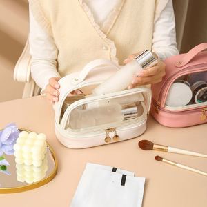 Large Capacity Double Layer Transparent PVC Toiletry Bag Skin Care Storage Soft PU Leather Cosmetic Bag With <b>Makeup</b> Brush <b>Holder</b> - Product Image 5