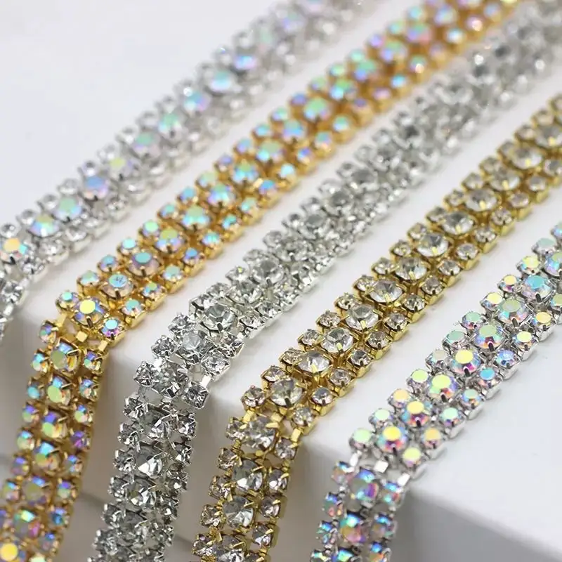 Wholesale 3 Rows Claw Chain Crystal Rhinestone Silver Bottom Chain Garment Accessories For Clothing Decoration