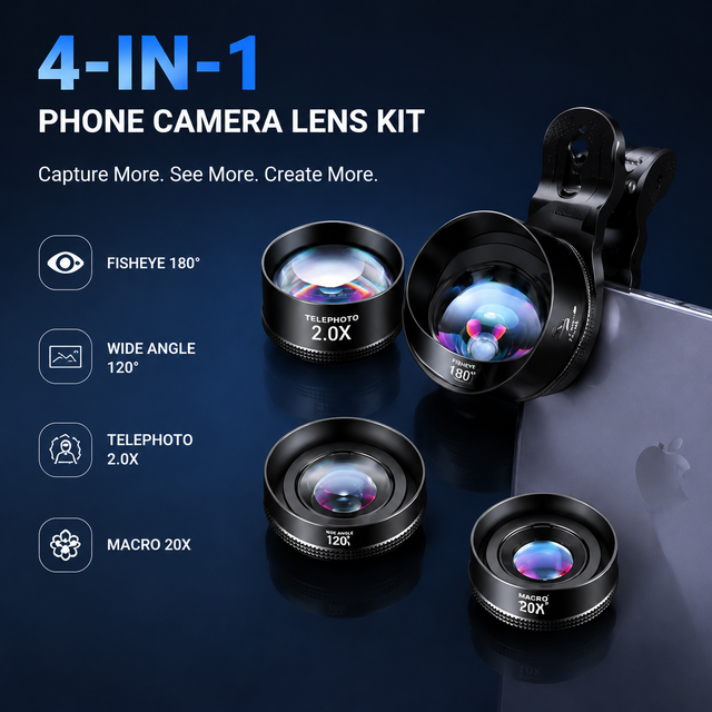 Cell Phone Photography Iense Fisheye Wide Angle Telephoto Macro Lens 4-in-1 Mobile Phone Camera Lens Pentax Sigma Aluminum