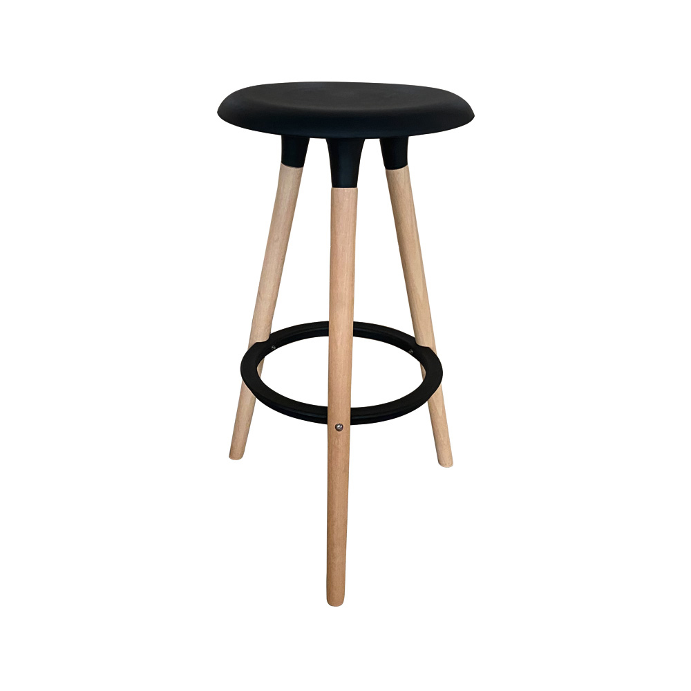 Silla de cocina circular de moda moderna, asiento de plástico, pata de madera, reposapiés sin espalda, taburete alto, silla de Bar