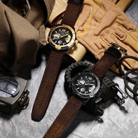 Jam Tangan Sport Pria GH120 Tali Kulit Asli Casing Aloi Diameter 47mm Dial Analog-Digital Mesin Quartz Alarm Tahan Air 3BAR untuk Aktivitas Luar Ruangan