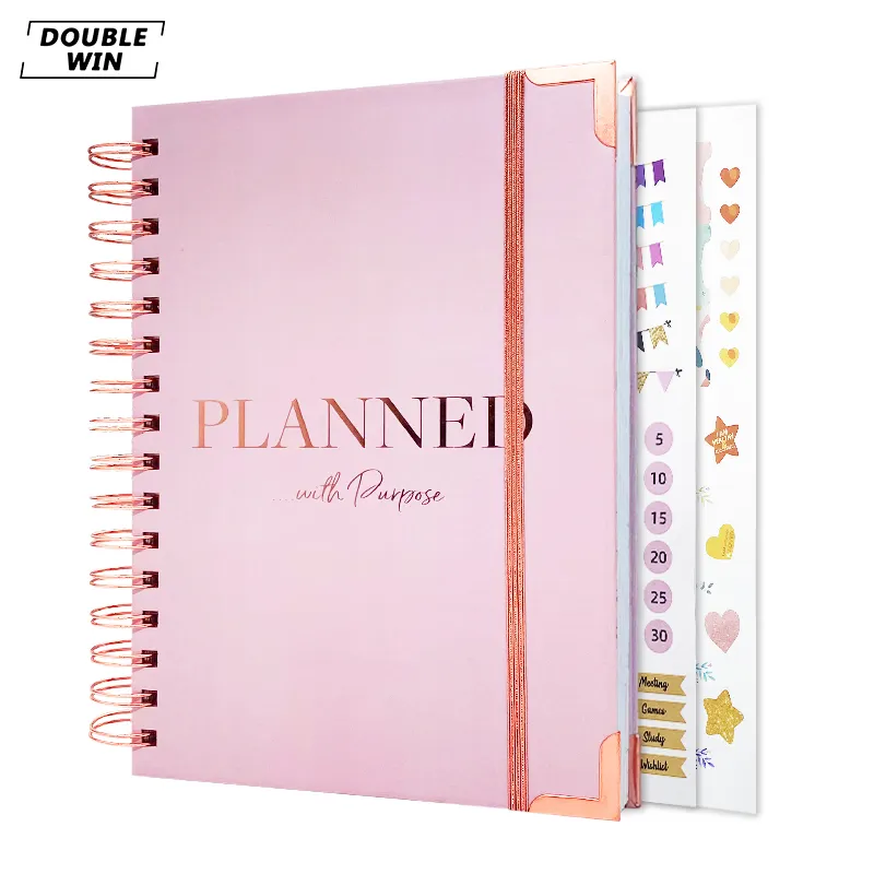 2024 Custom Printing Spiral Weekly Daily Notebook Pink Goal Planner with Stickers