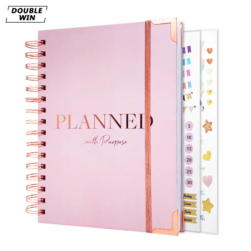 2024 Cahier quotidien hebdomadaire à spirale à impression personnalisée planificateur d'objectif rose avec autocollants