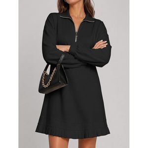 Robe Sweatshirt Décontractée Personnalisée pour Femme, Manches Longues, Demi-Zip, Ourlet Plissé avec Poches, Col Montant, Style Col en V - Product Image 4